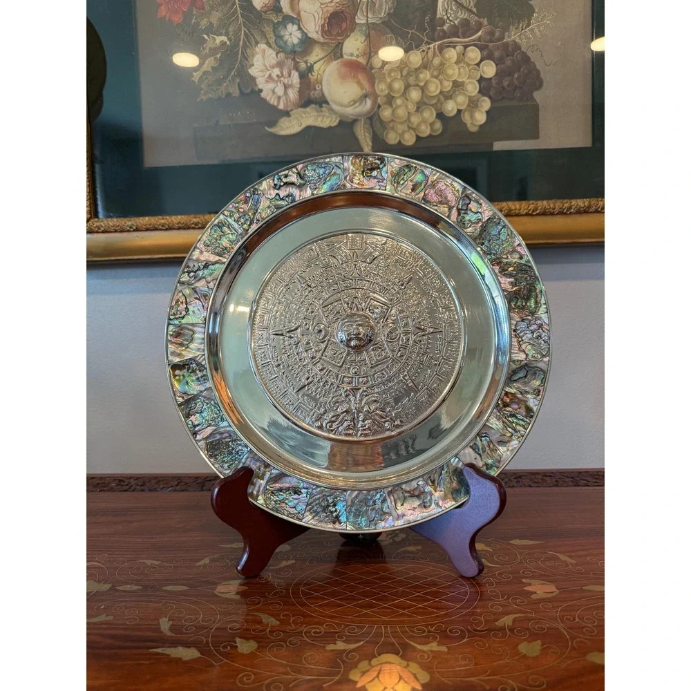 Vintage Aztec Calendar Wall‎ Plate - Alpaca Mexico Silver with Abalone Inlay